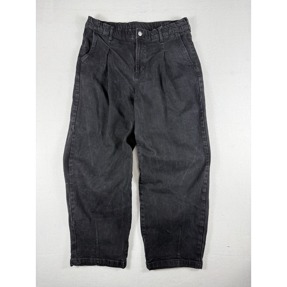Zara Mens Pleated Balloon Fit Denim Pants Black Washed Elastic Waist Size L